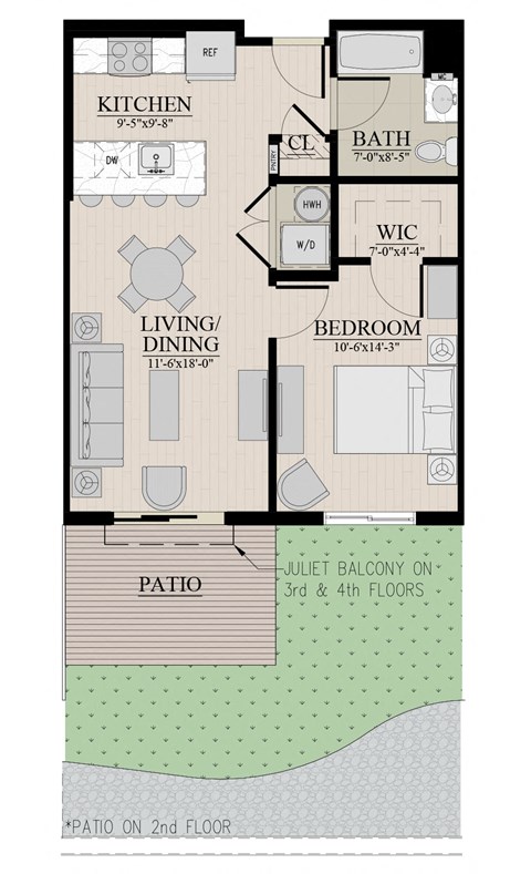 Floor plan for 1 bed, 1 bath, 645 sqft